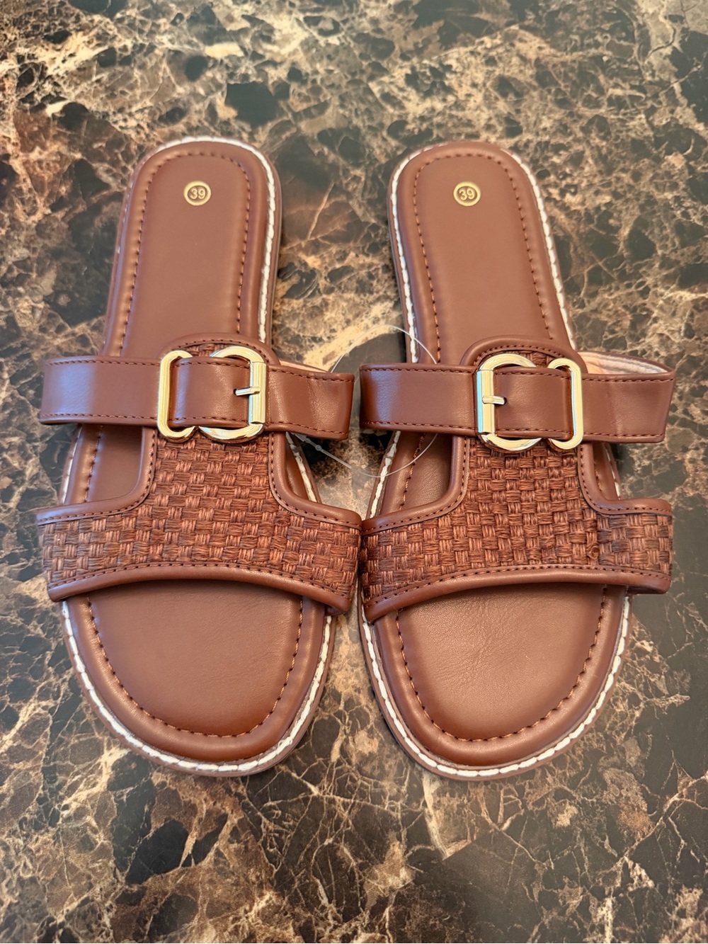 Women’s Brown Woven Double Strap Buckle Slide Sandals EU 39 US 8 Open Toe Casual